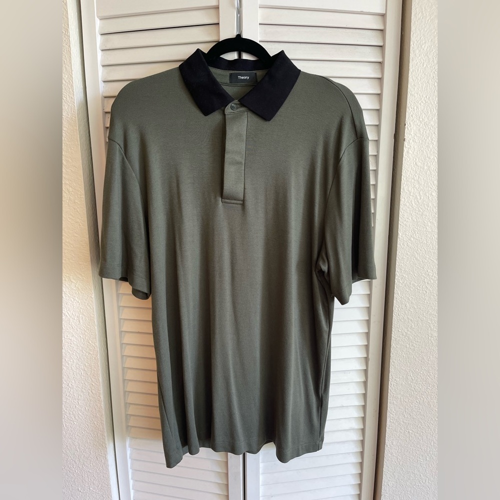 Theory Men's Green Polo with Black Collar